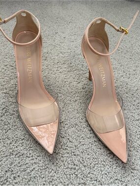 Stuart Weitzman Nude Patent Pointed-Toe Ankle-Strap Pumps